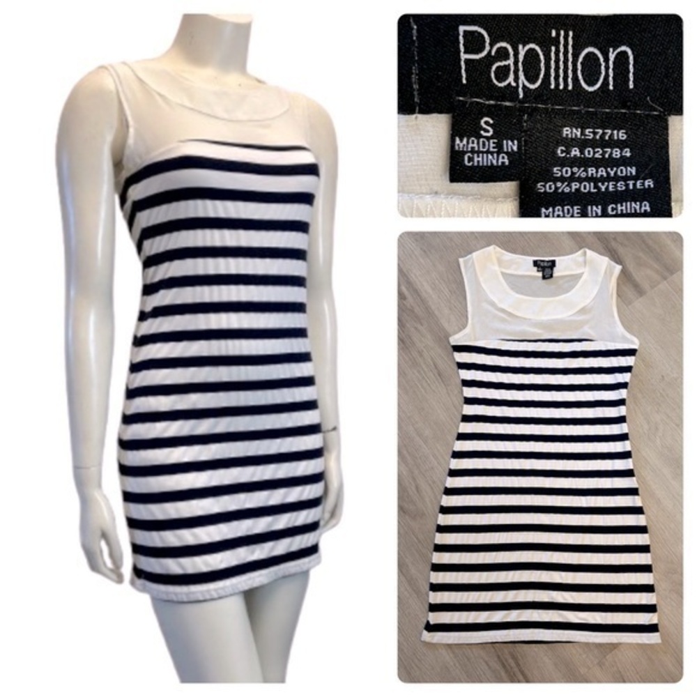 PAPILLON navy & white striped sleeveless mini dress with mesh detail. Like new.